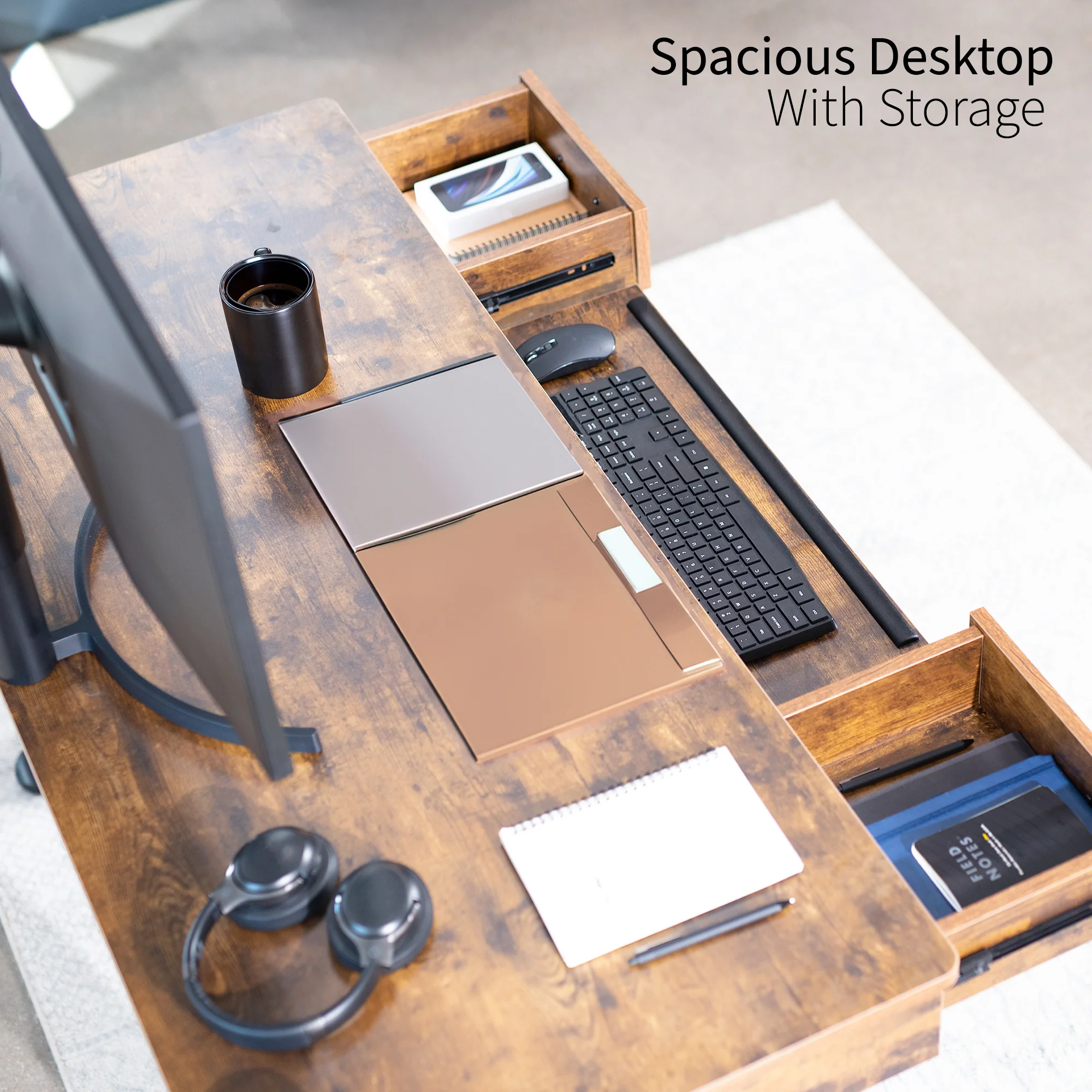 RB Series - Vintage Brown Top 55" x 24" Rear-set Electric Desk with Storage - Image 3