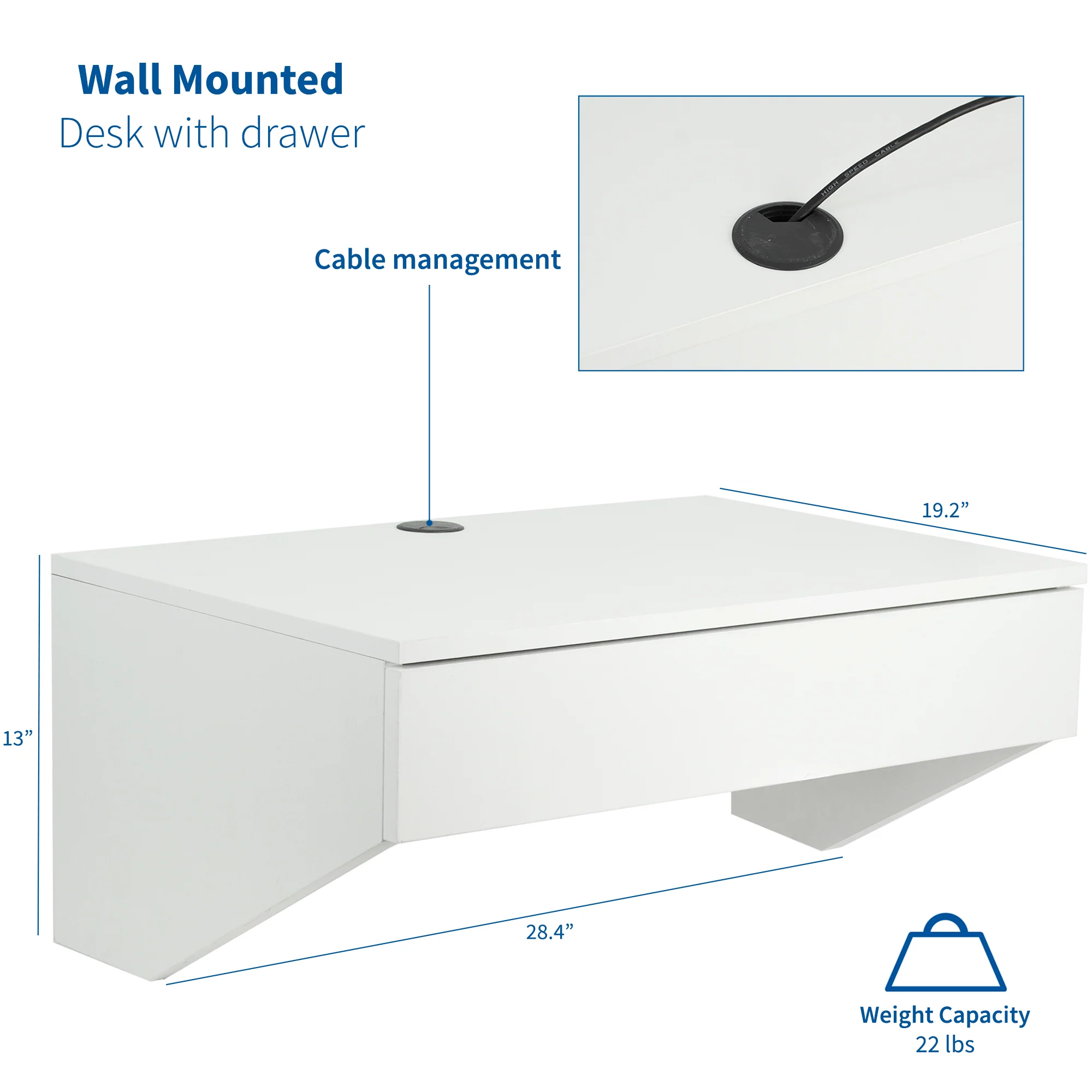 White Wall Mounted 28” Desk with Drawer - Image 3