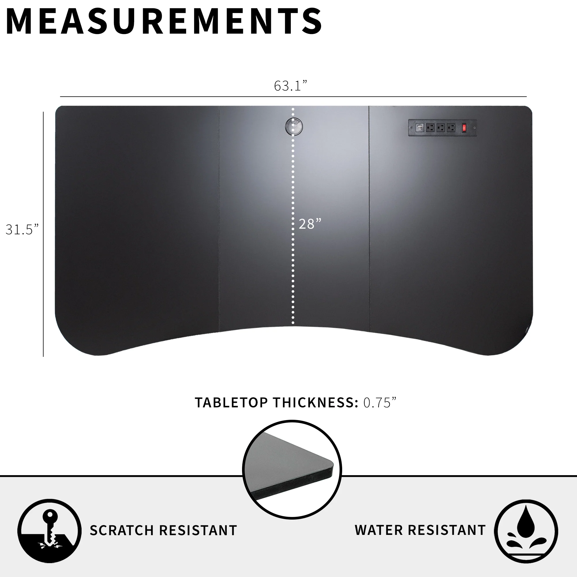 Black 63” x 32” Table Top with Built-in Power Strip - Image 3