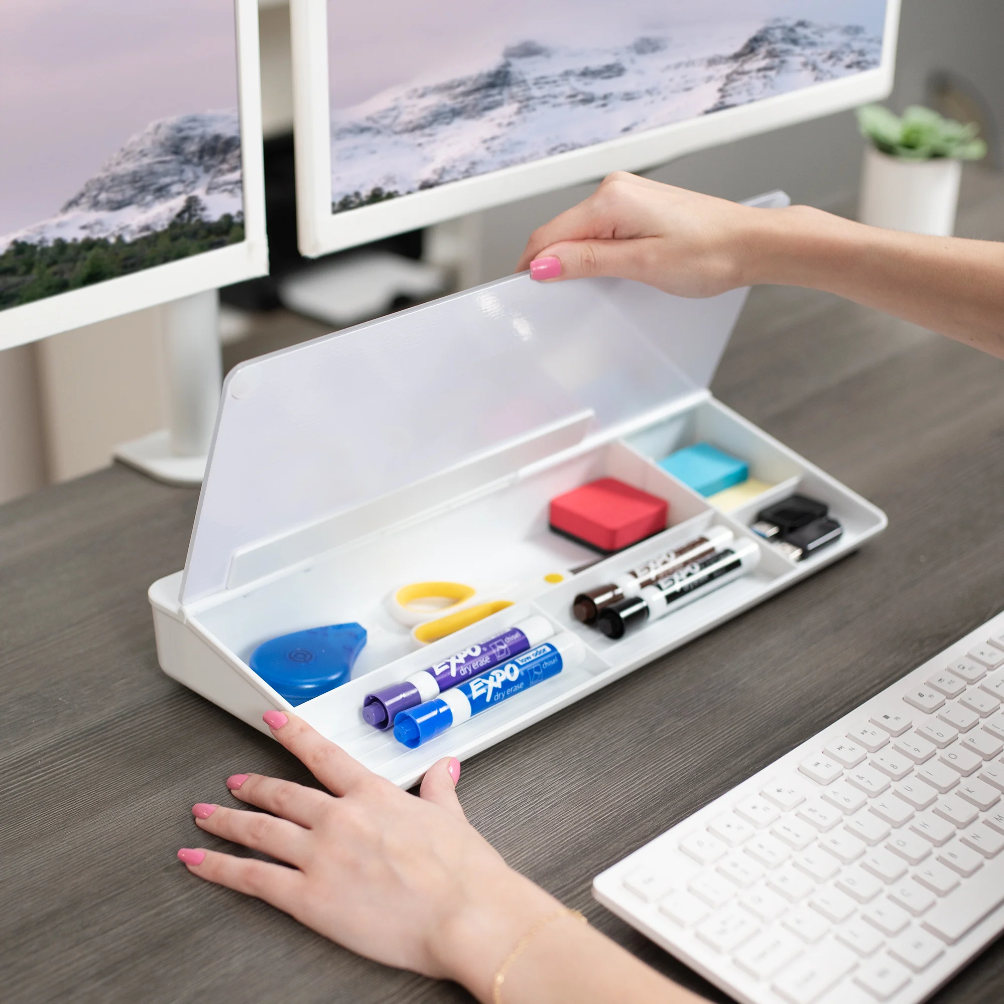 Glass 16" x 7" Desktop Whiteboard with Storage - Image 10