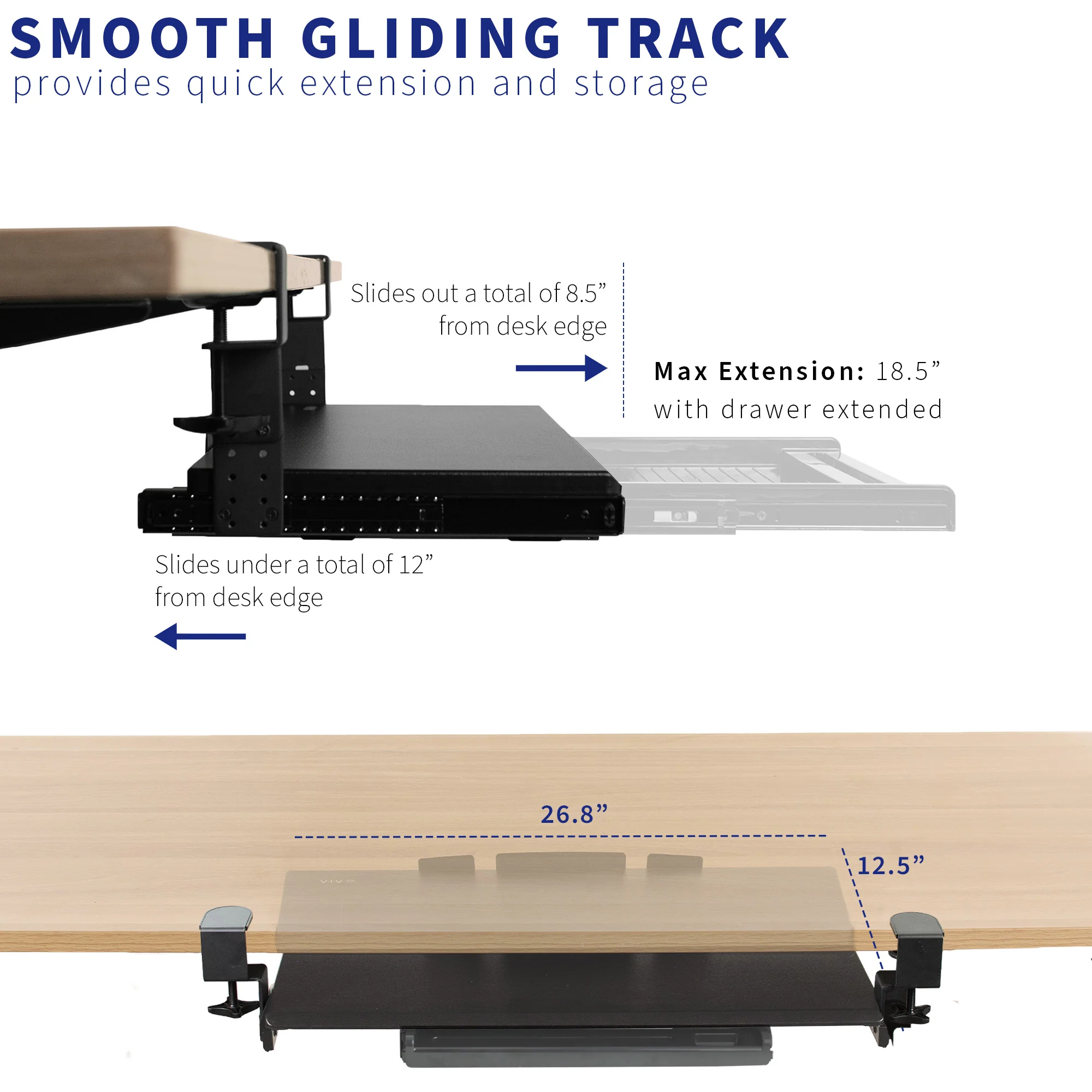 Clamp-on Height Adjustable Keyboard Tray with Pencil Drawer - Image 7