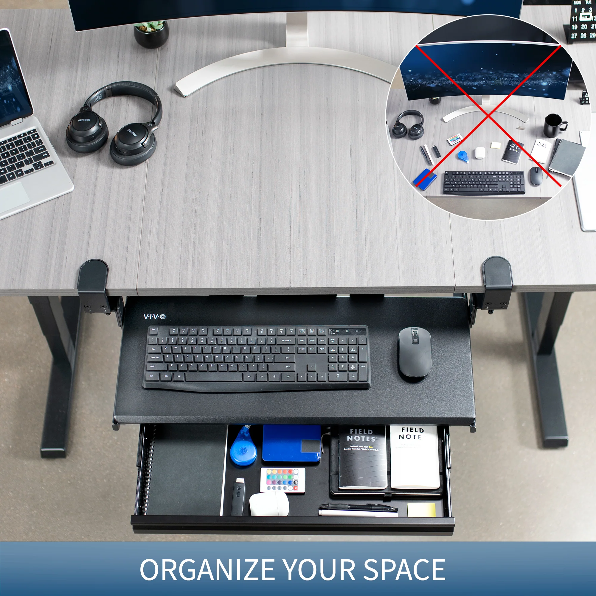 Clamp-on Height Adjustable Keyboard Tray with Drawer - Image 4