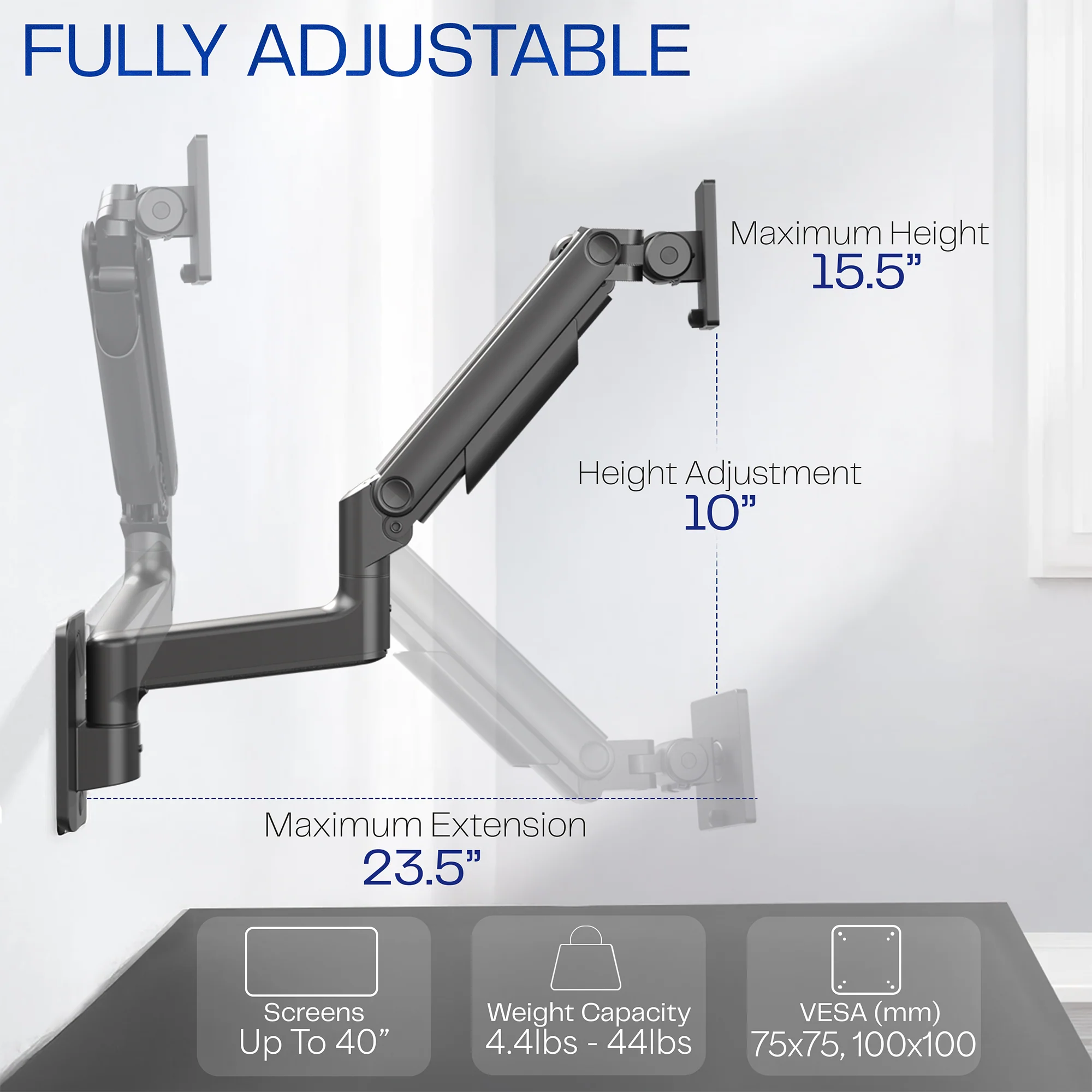 Mechanical Arm Single Ultrawide Monitor Wall Mount - Up to 40" Screens - Image 5
