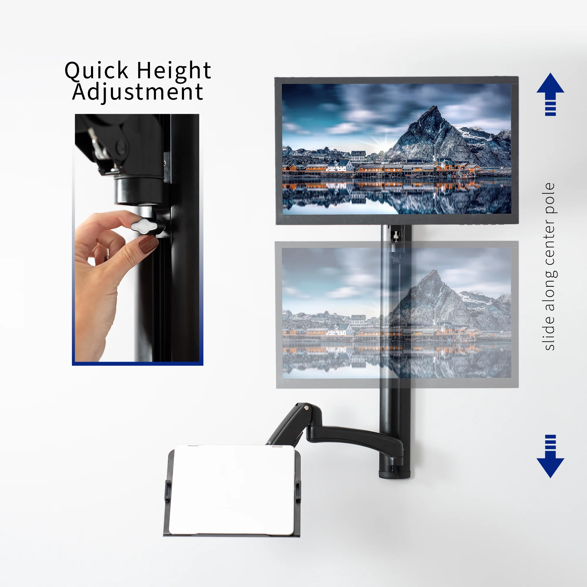 Sit to Stand Single Monitor & Laptop Wall Mount Workstation - Up to 27" Screens, 17.3" Laptops - Image 5
