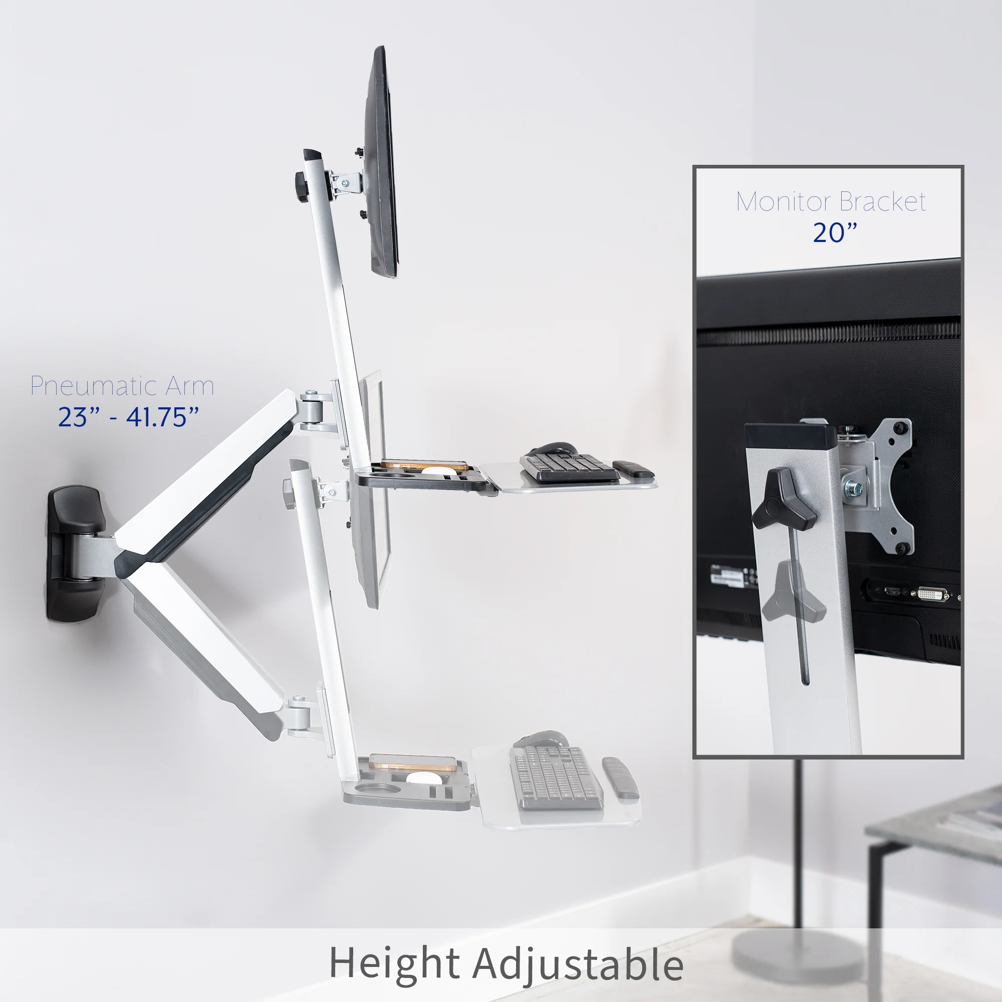 Silver Single 13" to 32" Monitor Sit to Stand Wall Mount - Image 4