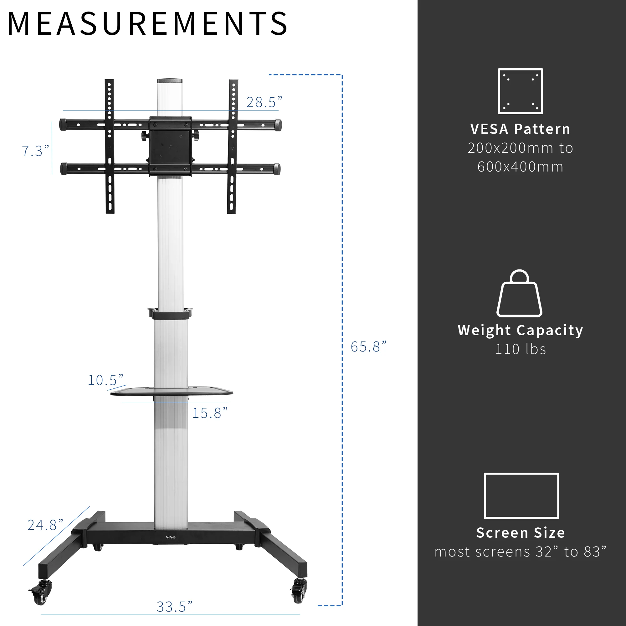 Silver TV Cart for 32" to 83" Screens - Image 4