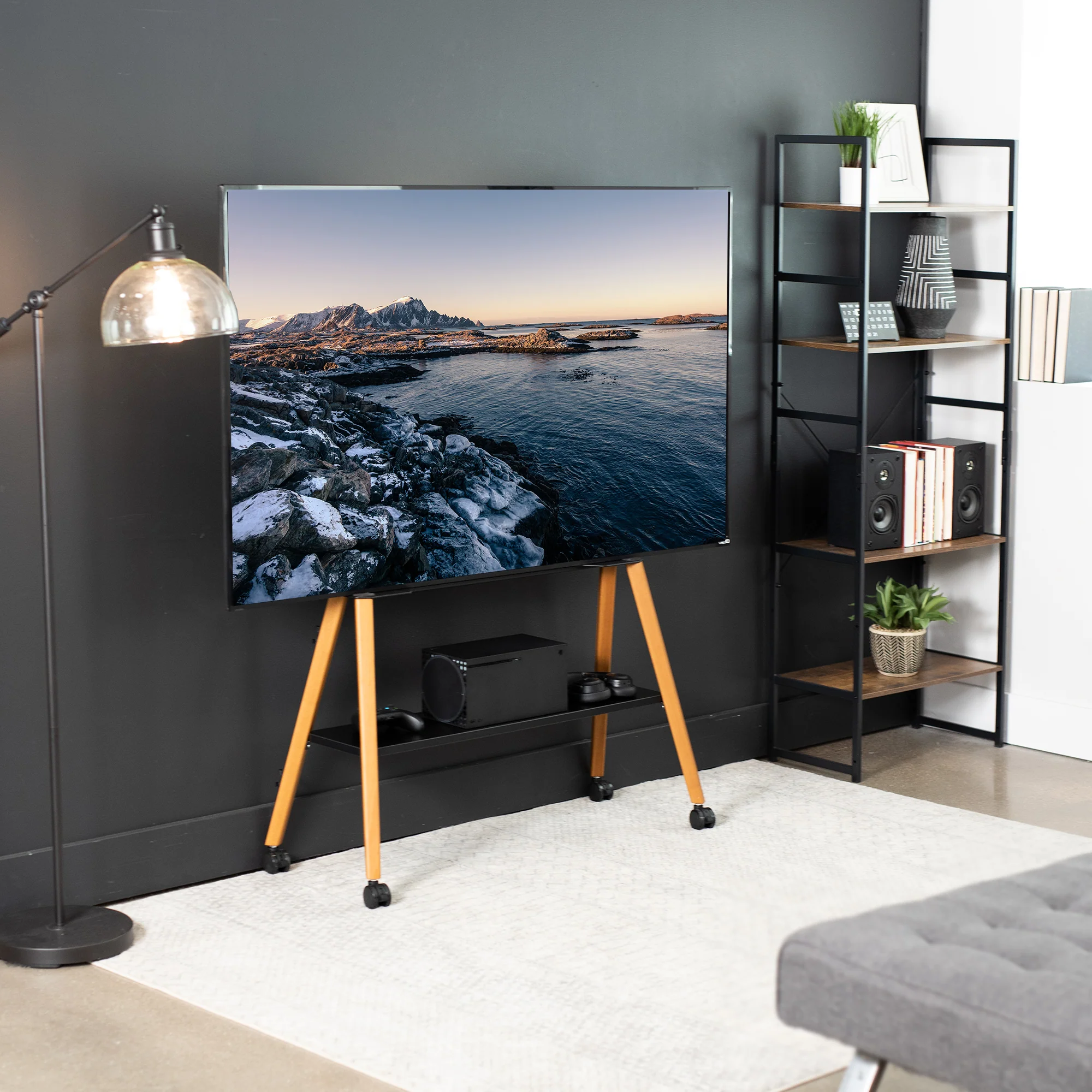 Mobile Easel TV Stand with Shelf for 43” to 75” TVs - Image 5