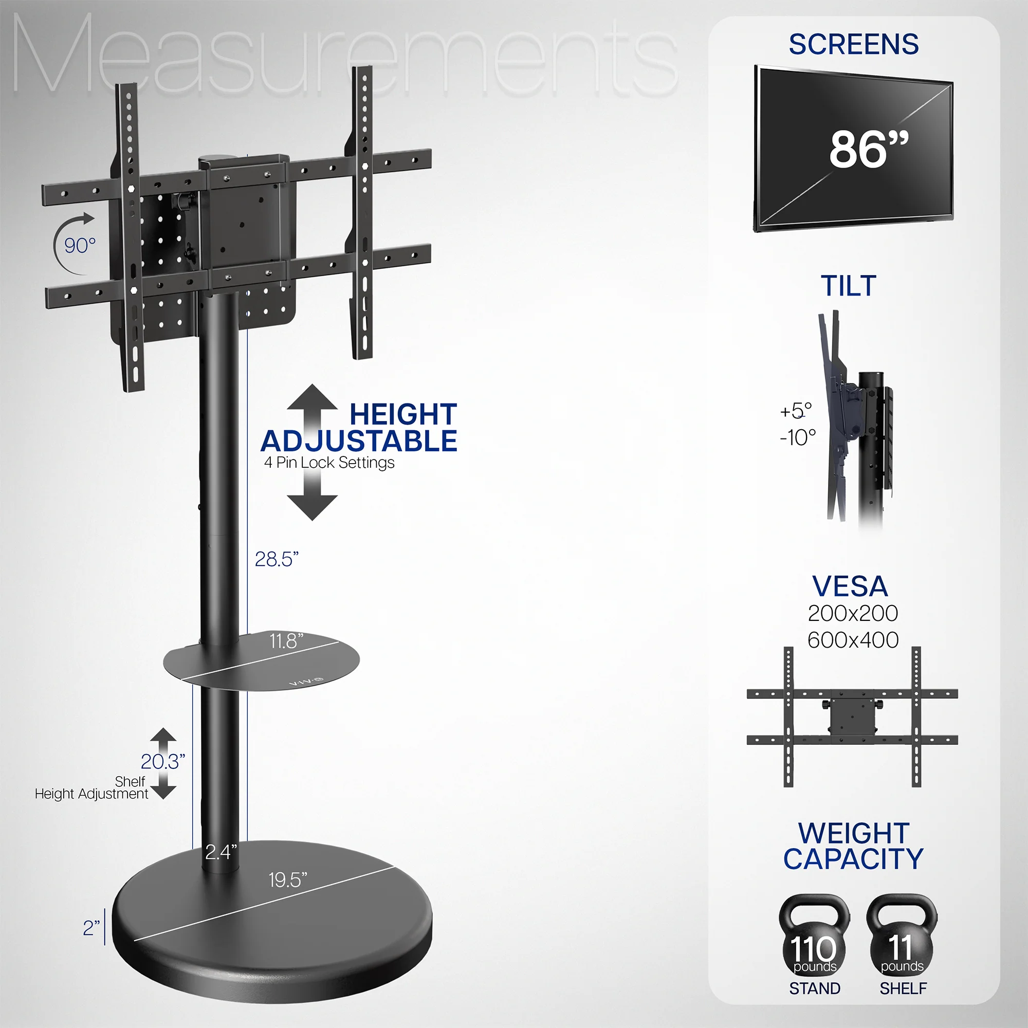 Mobile 32" to 86" TV Floor Stand with Shelf - Image 4
