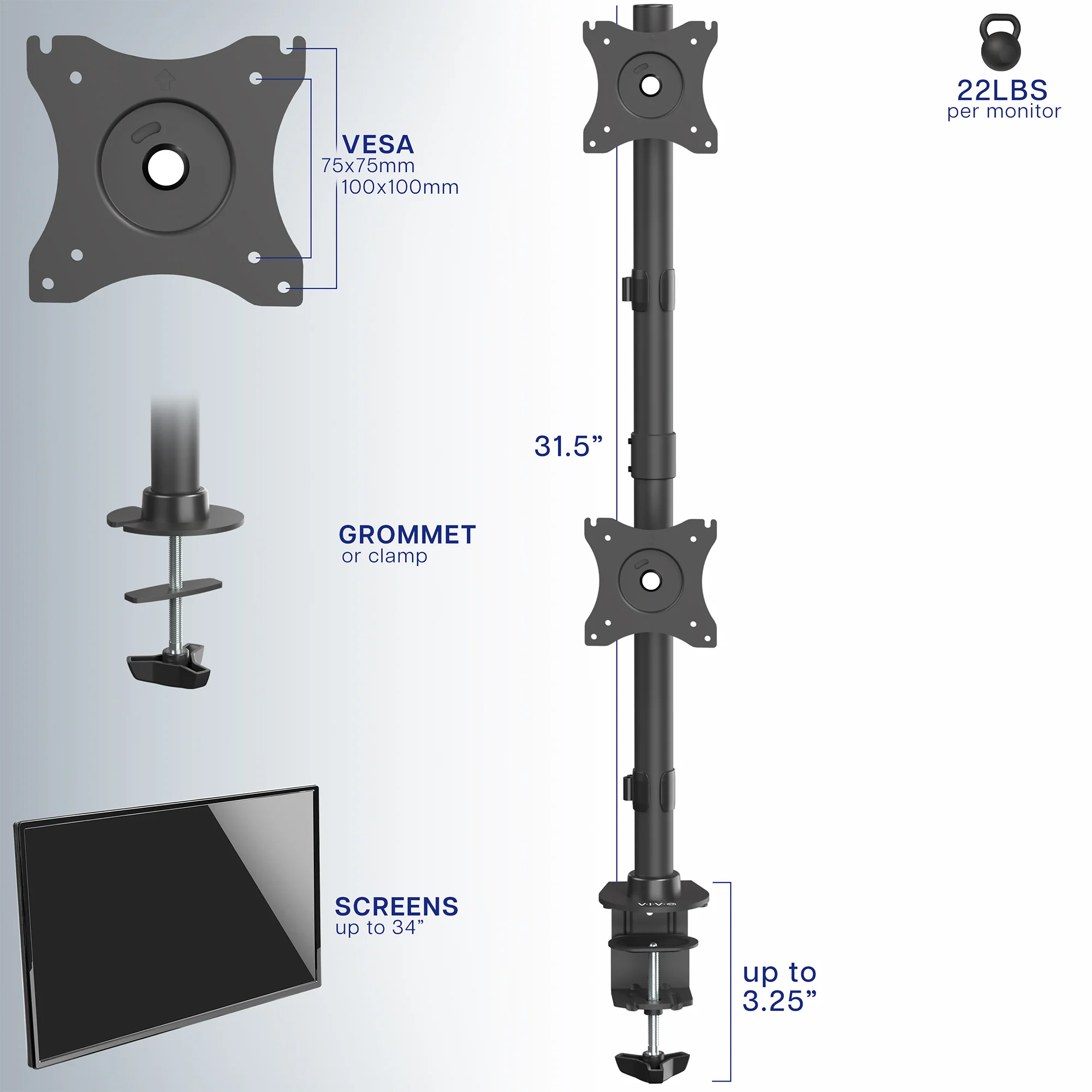 Vertical Dual 13” to 34" Monitor Desk Mount - Image 3