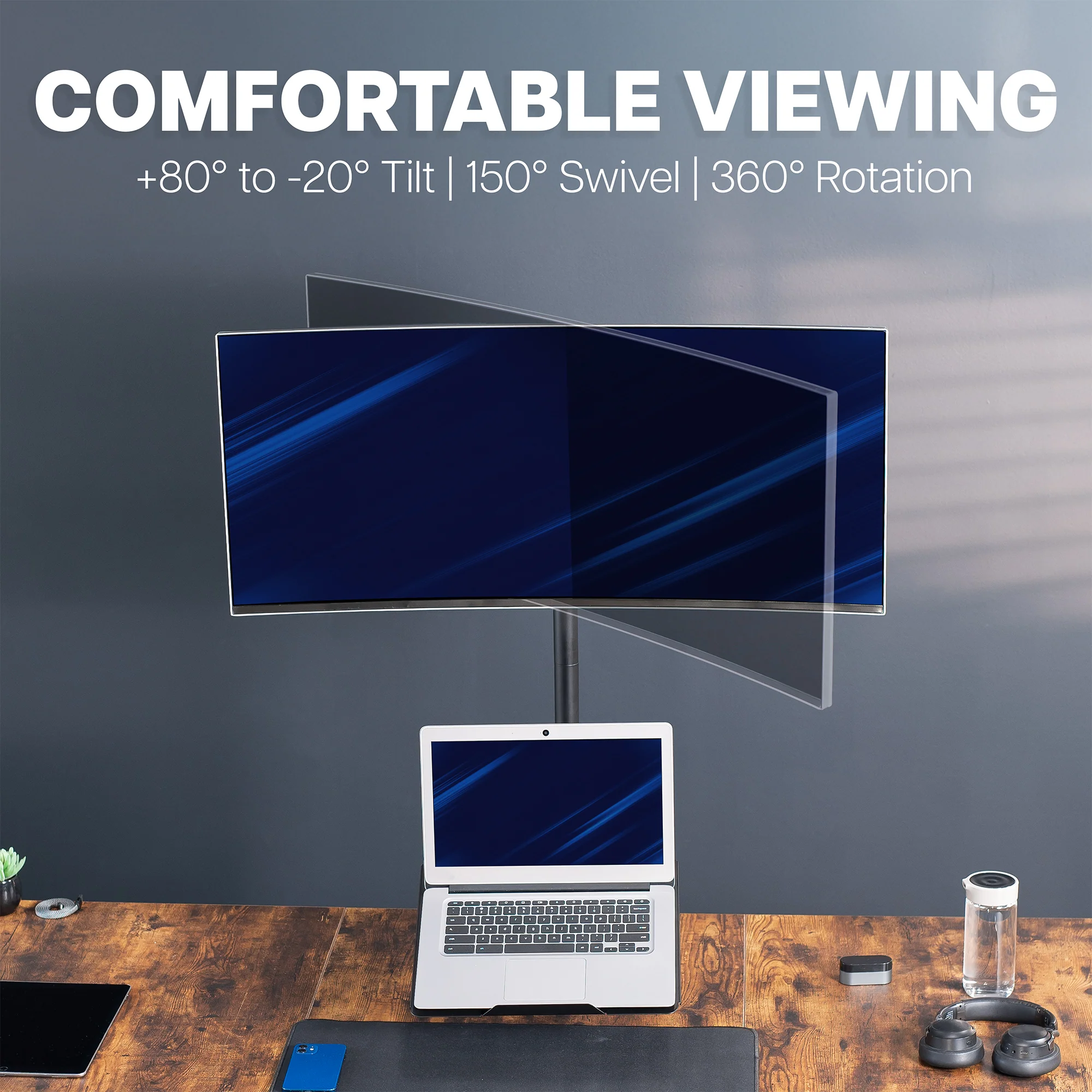 Single Ultrawide Monitor and Laptop Extra Tall Desk Mount - Up to 49" Ultrawides, 17" Laptops - Image 4
