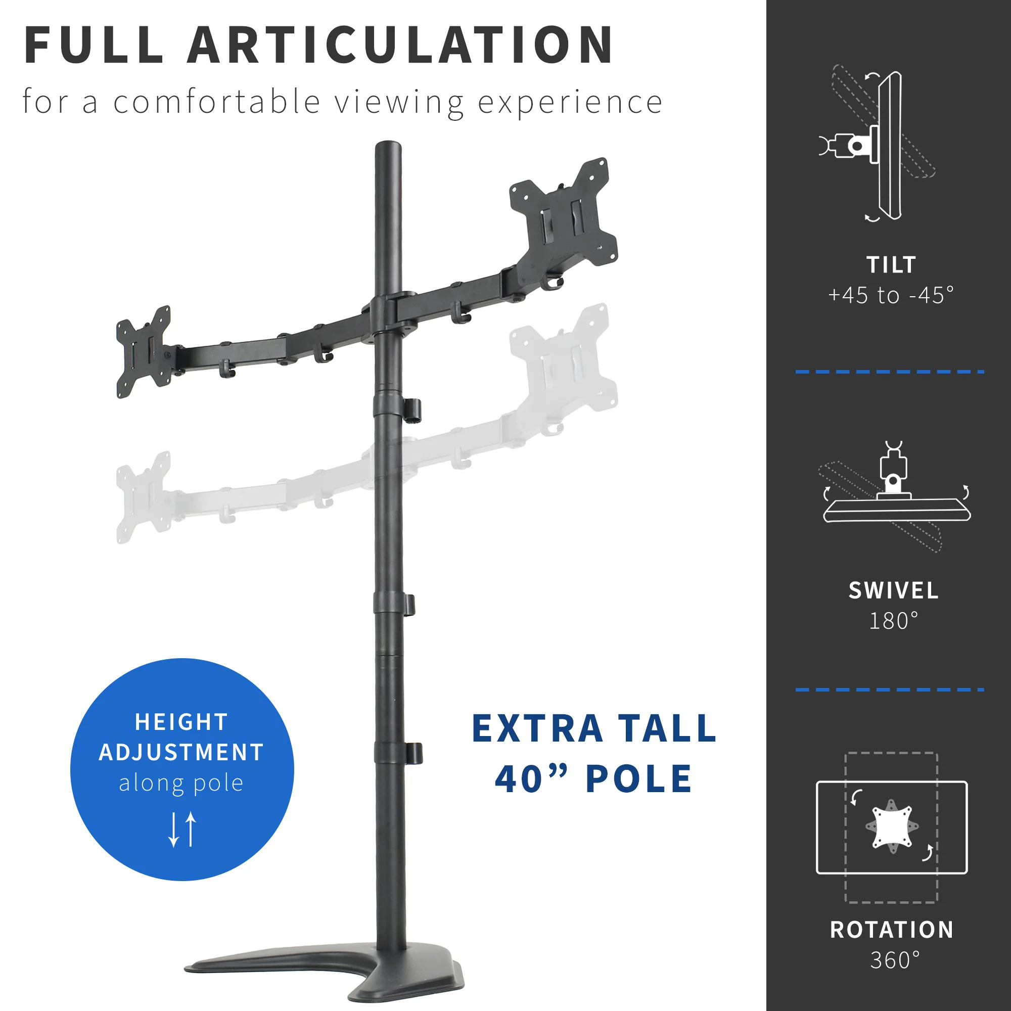 Dual 13" to 27" Monitor Extra Tall Desk Stand - Image 3