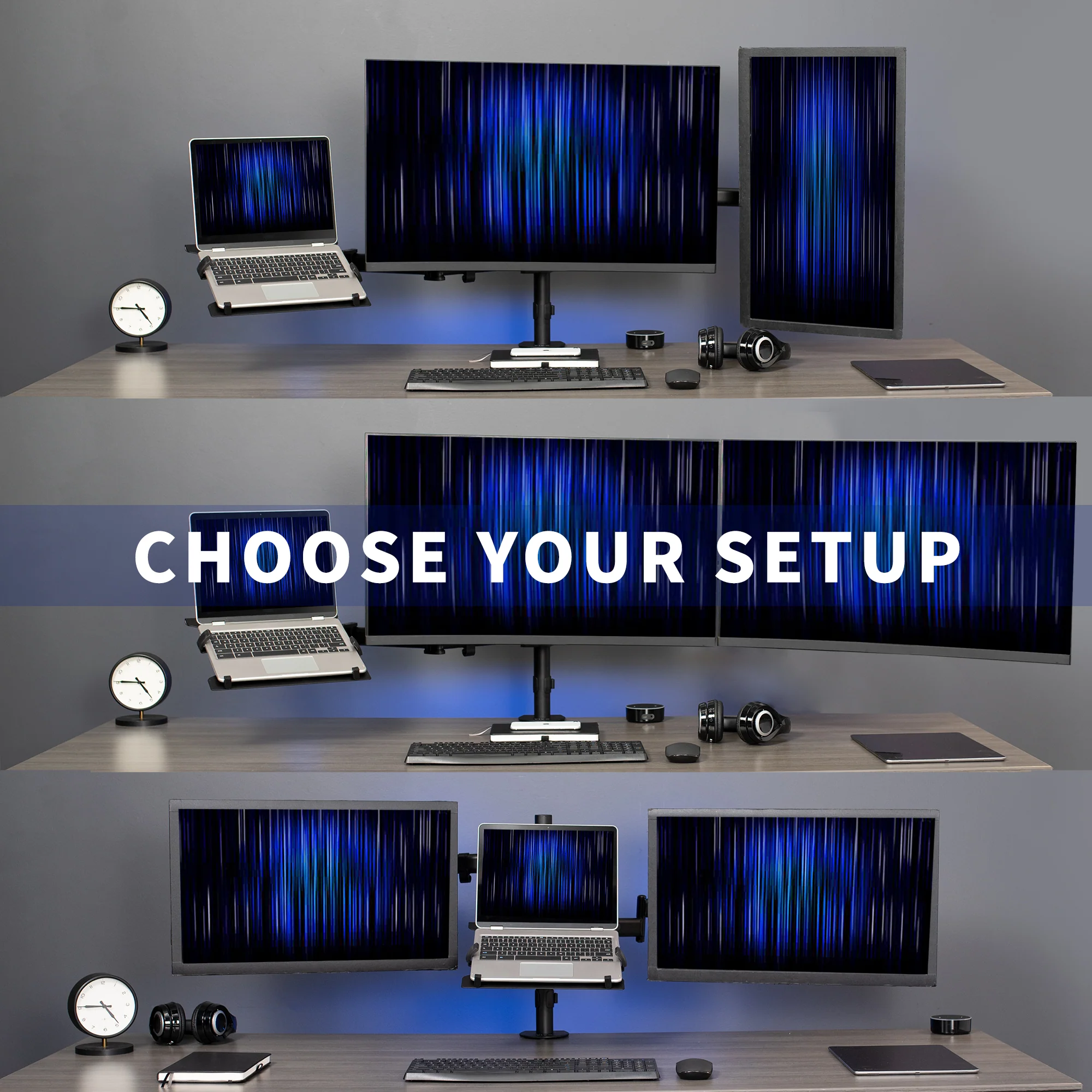 Dual Monitor + Single Laptop Desk Mount - Up to 27" Screens, 15.6" Laptops - Image 4