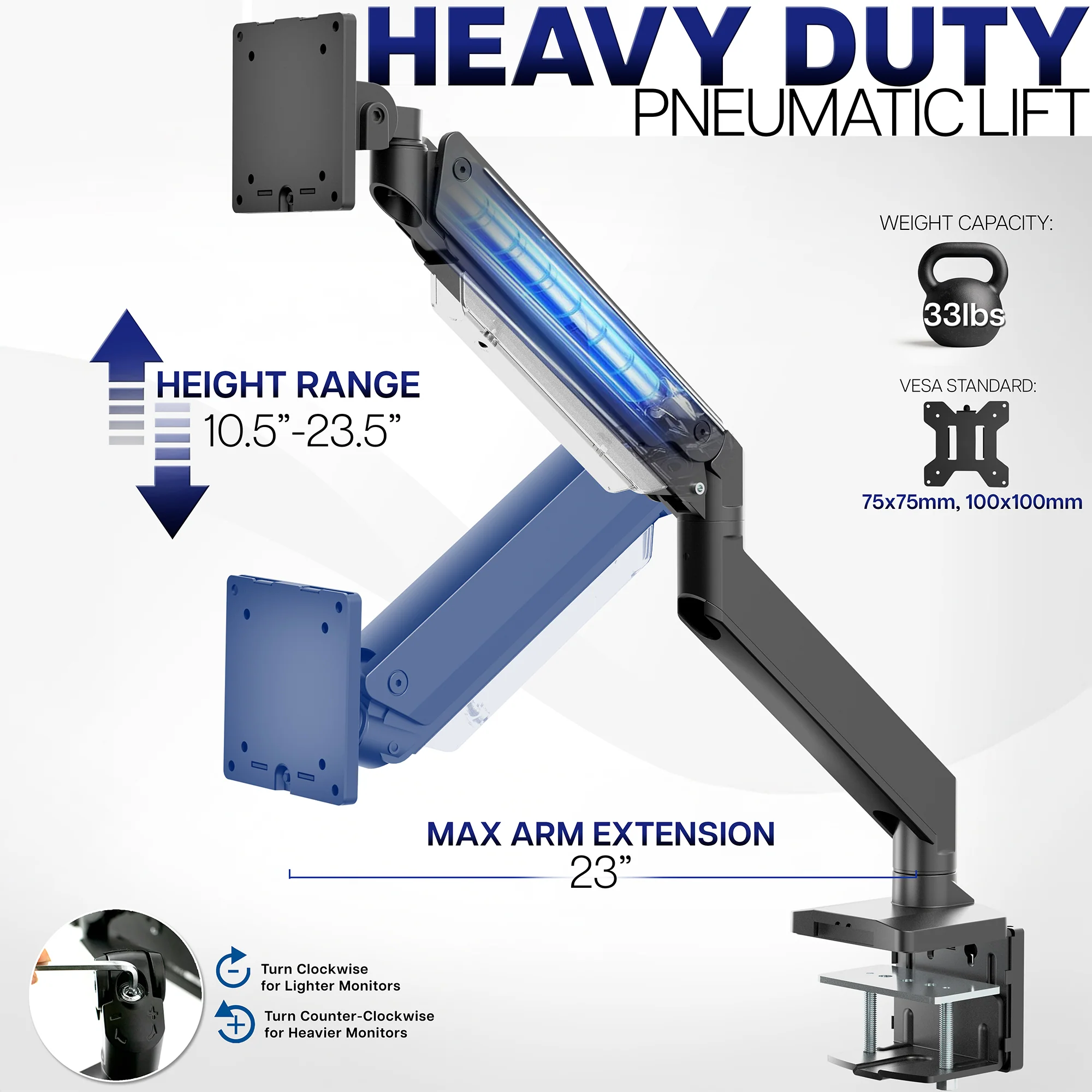 Pneumatic Arm Single Ultrawide Monitor Desk Mount - Up to 49" Screens - Image 4