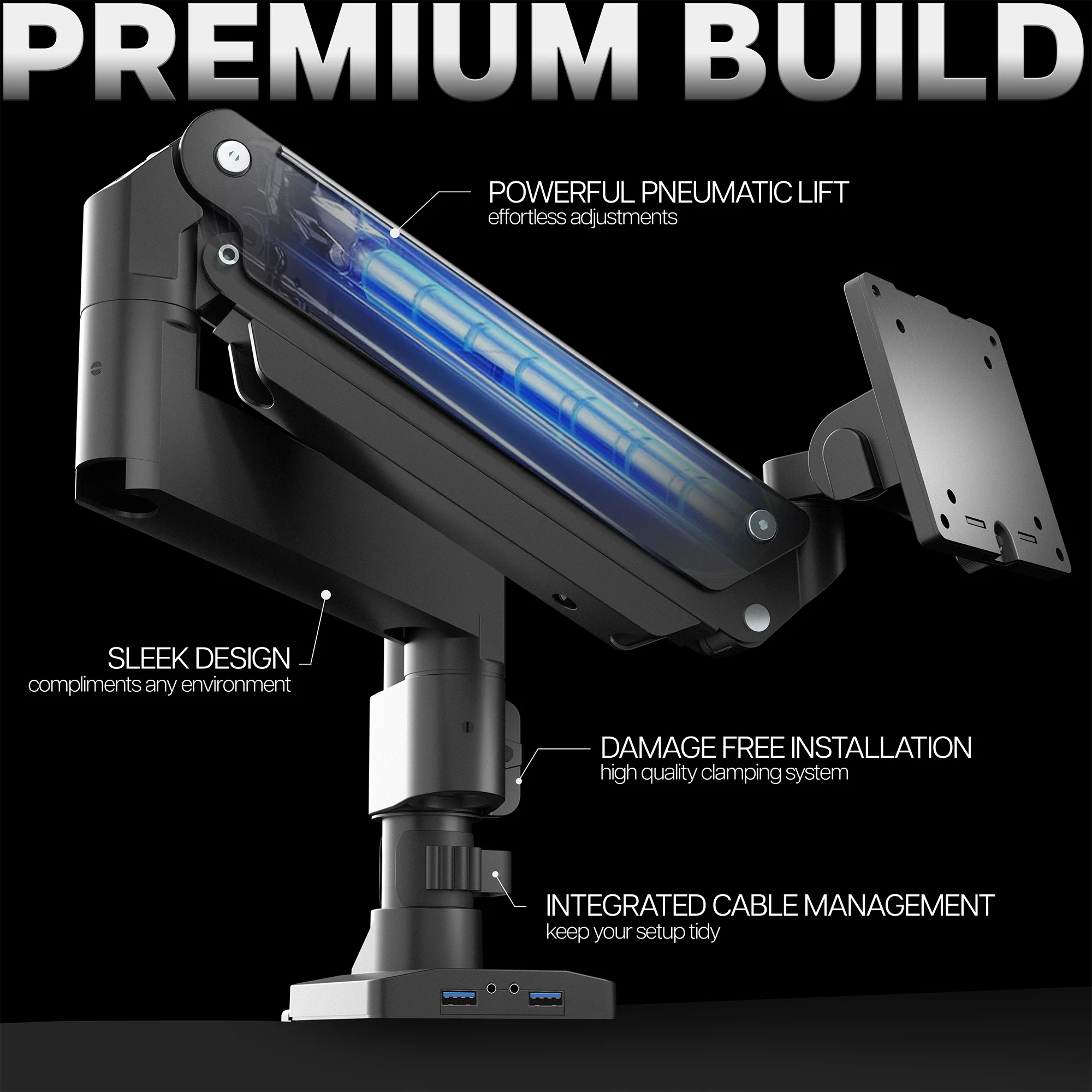 Pneumatic Arm Single Ultrawide Monitor Desk Mount with USB - Up to 49" Screens - Image 6