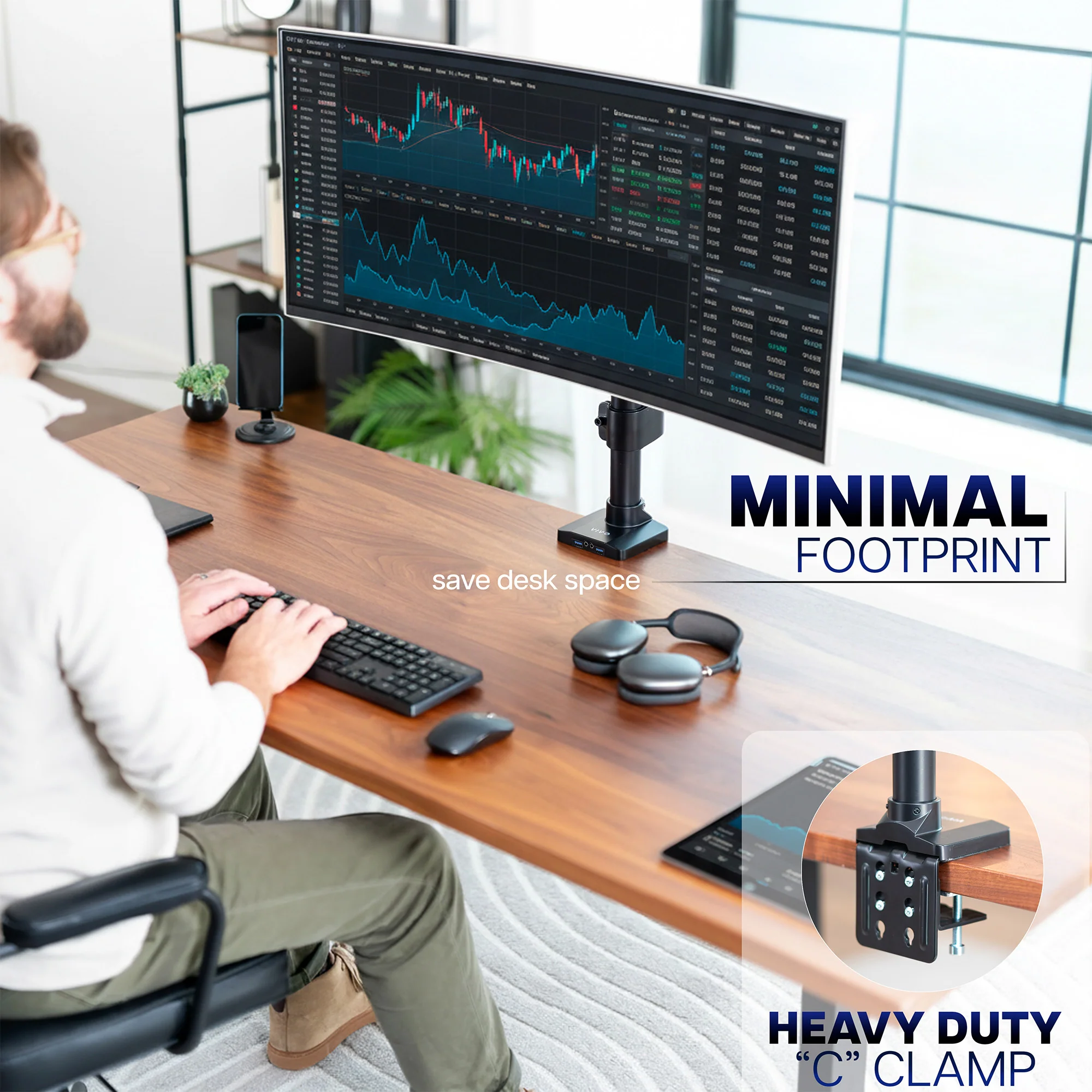 Pneumatic Arm Single Ultrawide Monitor Desk Mount with USB - Up to 49" Screens - Image 8