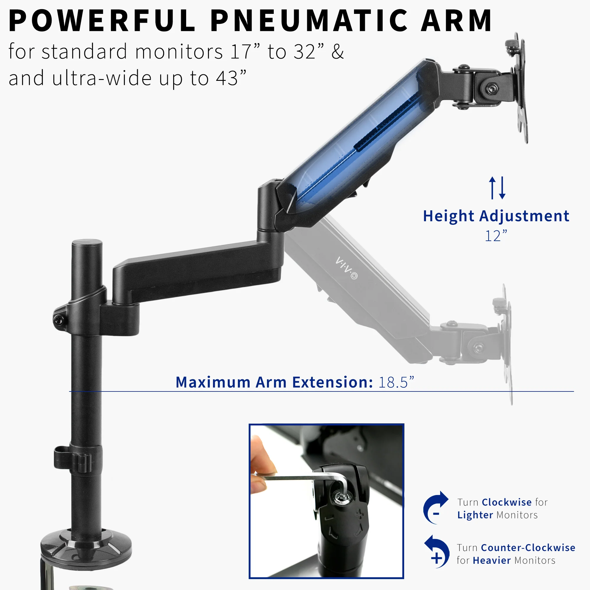 Pneumatic Arm Single Monitor Desk Mount - Up to 43" Screens - Image 4