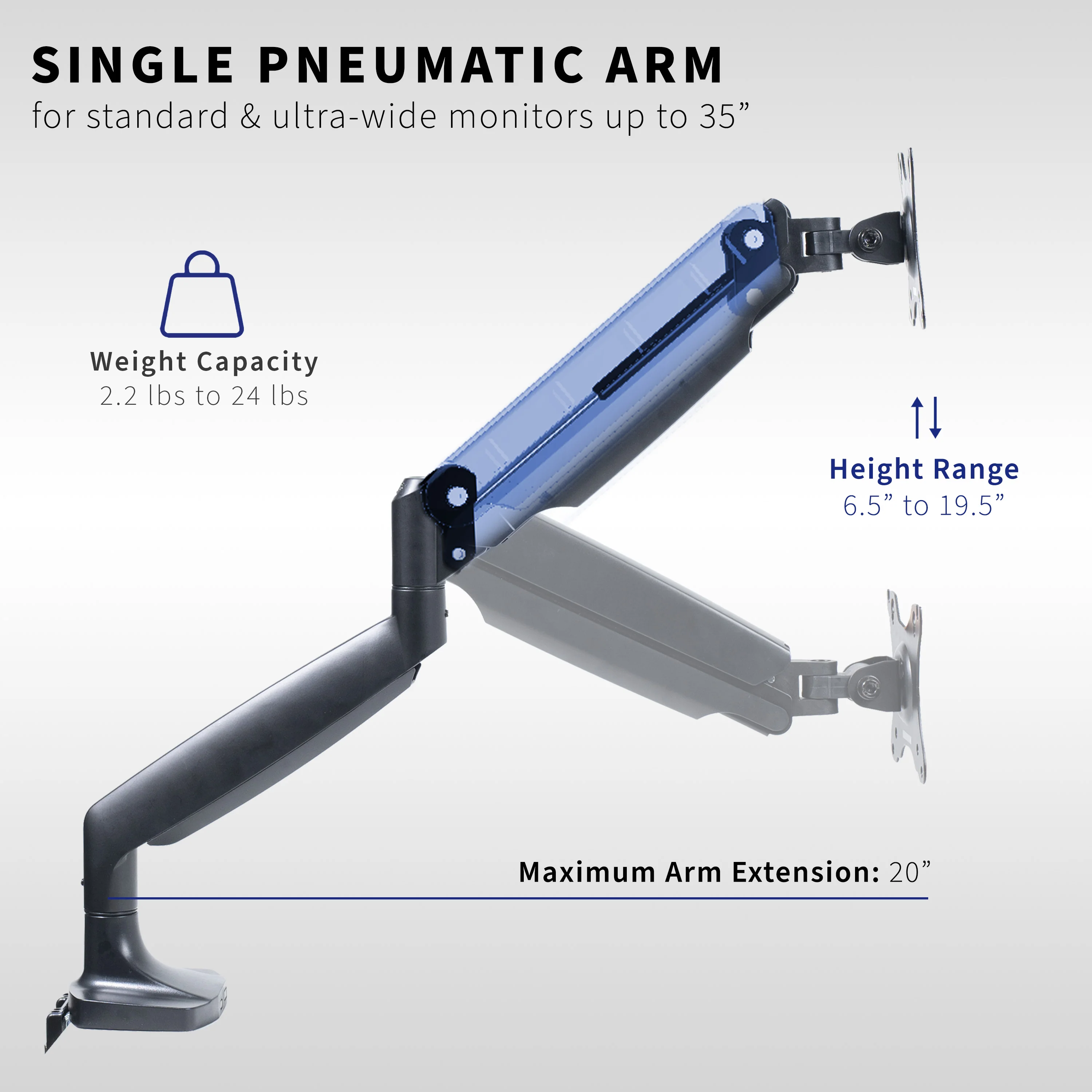 Pneumatic Arm Single Ultrawide Monitor Desk Mount - Up to 40" Screens - Image 3
