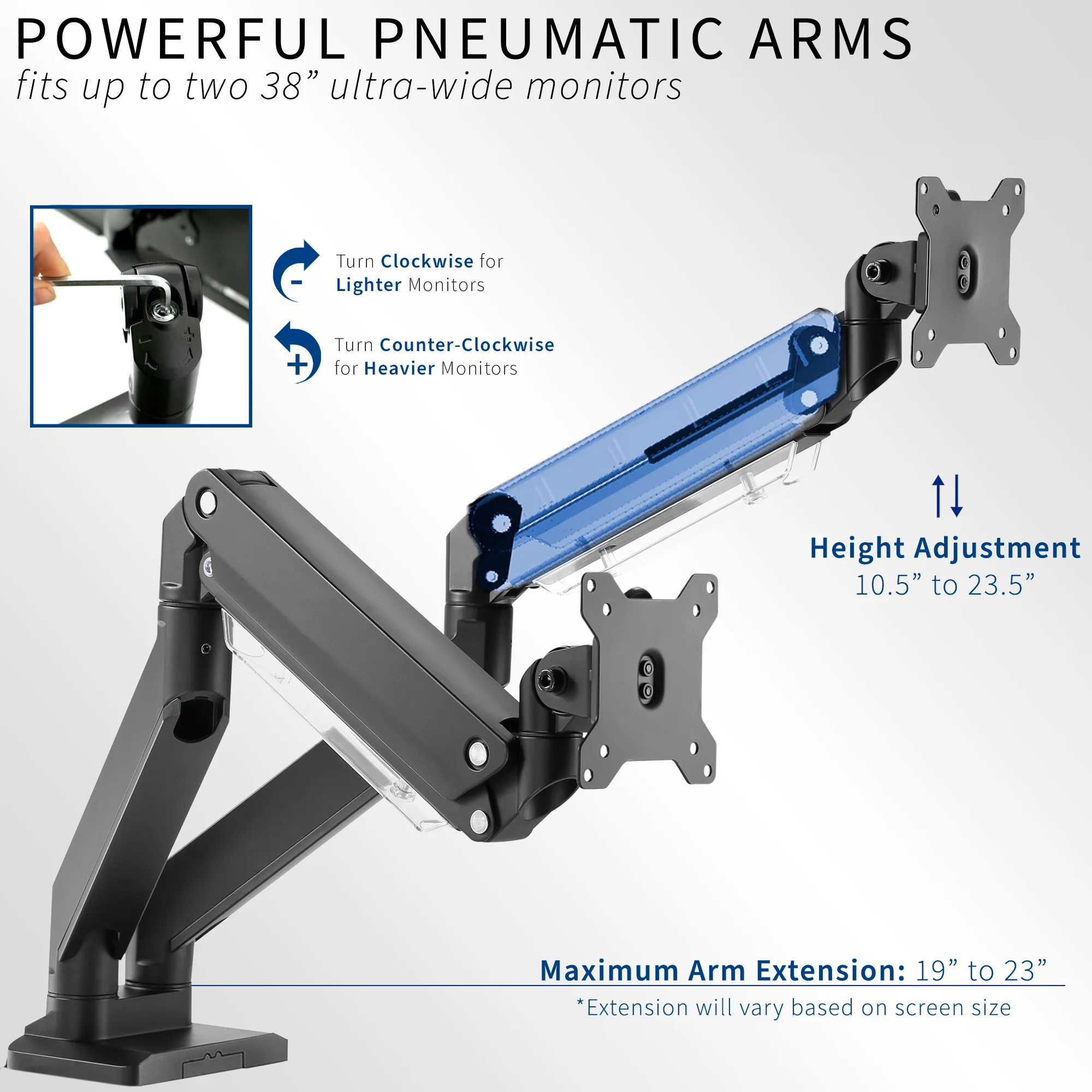 Pneumatic Arm Dual Ultrawide Monitor Desk Mount - Up to 38" Screens - Image 3