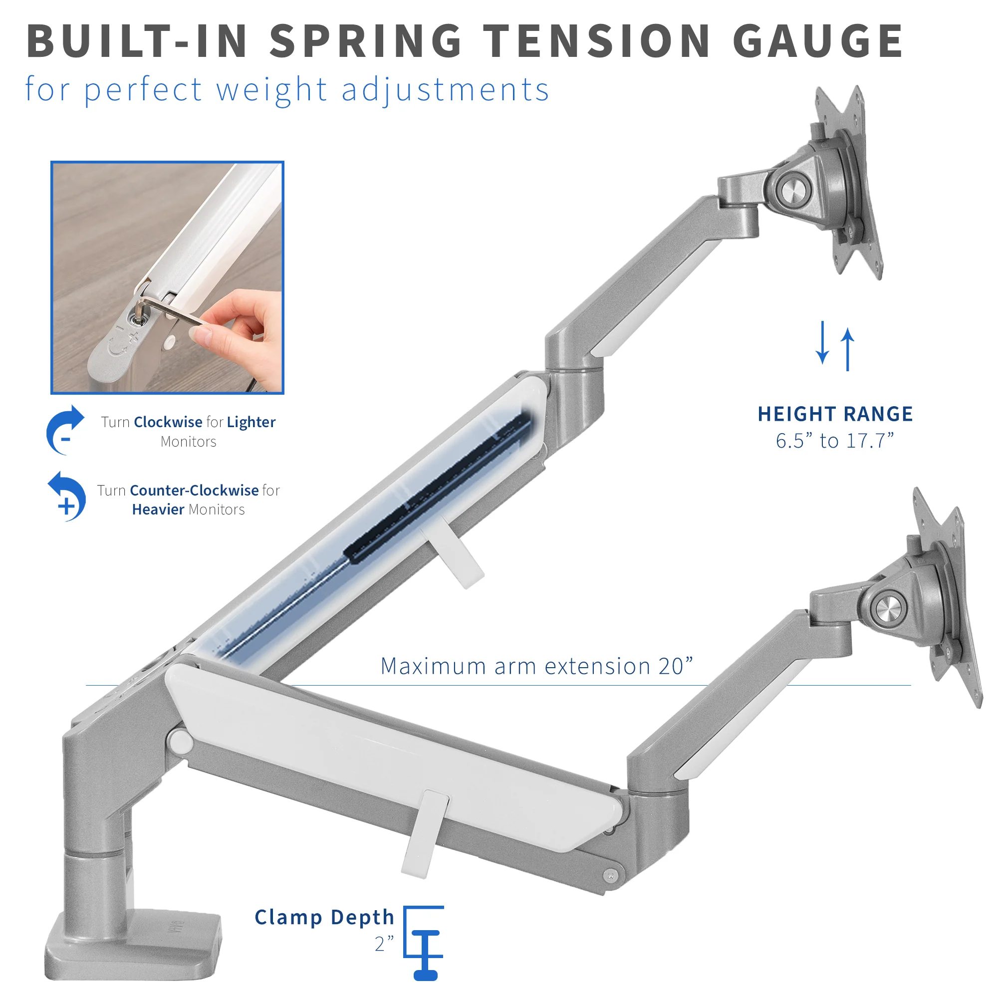 Silver Pneumatic Arm Dual 17” to 32” Monitor Desk Mount - Image 5