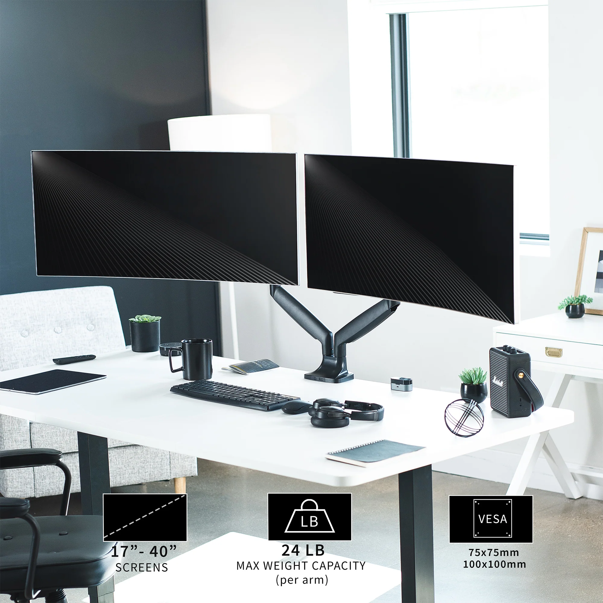 Pneumatic Arm Dual Ultrawide Monitor Desk Mount - Up to 40" Screens - Image 5