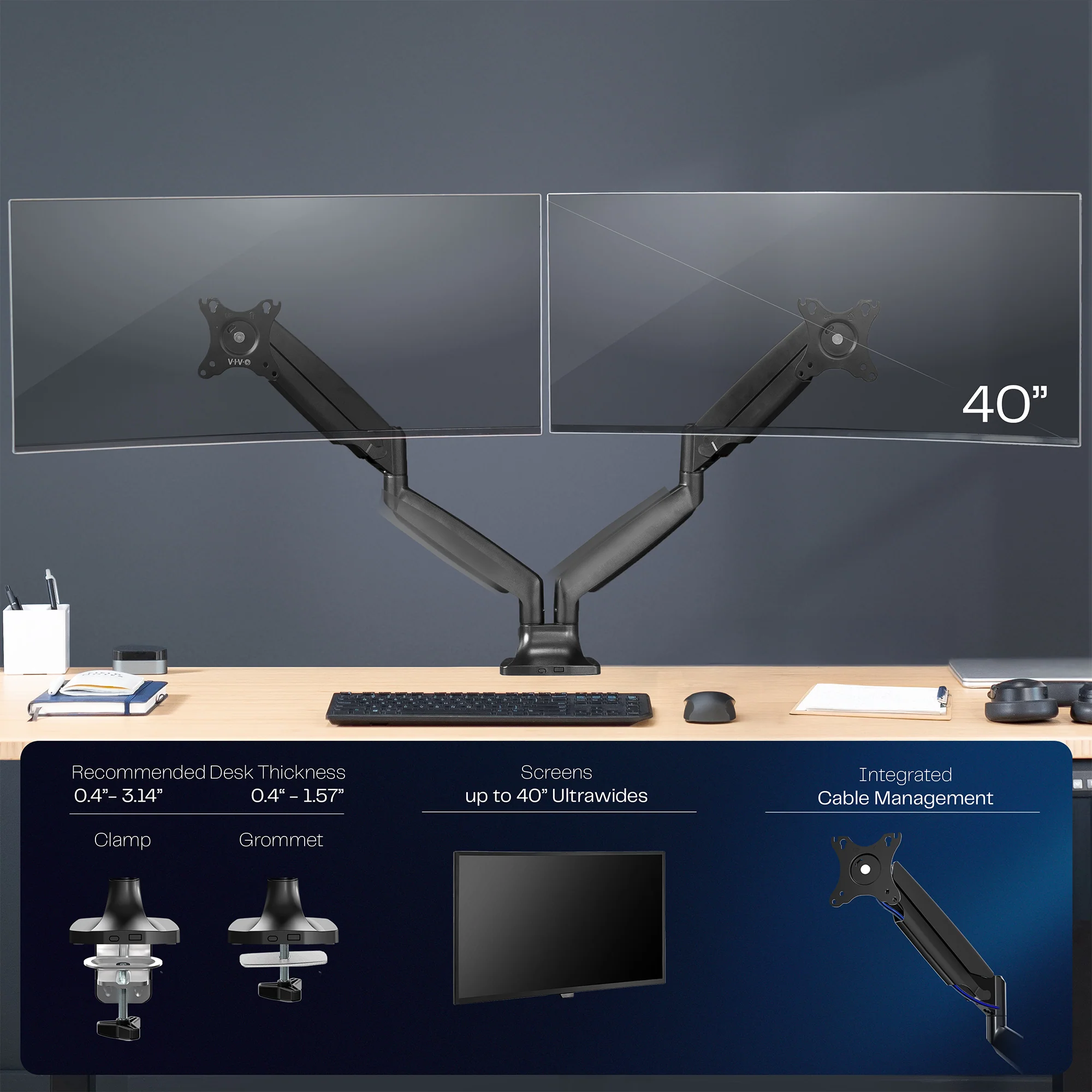 Pneumatic Arm Dual Ultrawide Monitor Desk Mount - Up to 40" Screens - Image 4