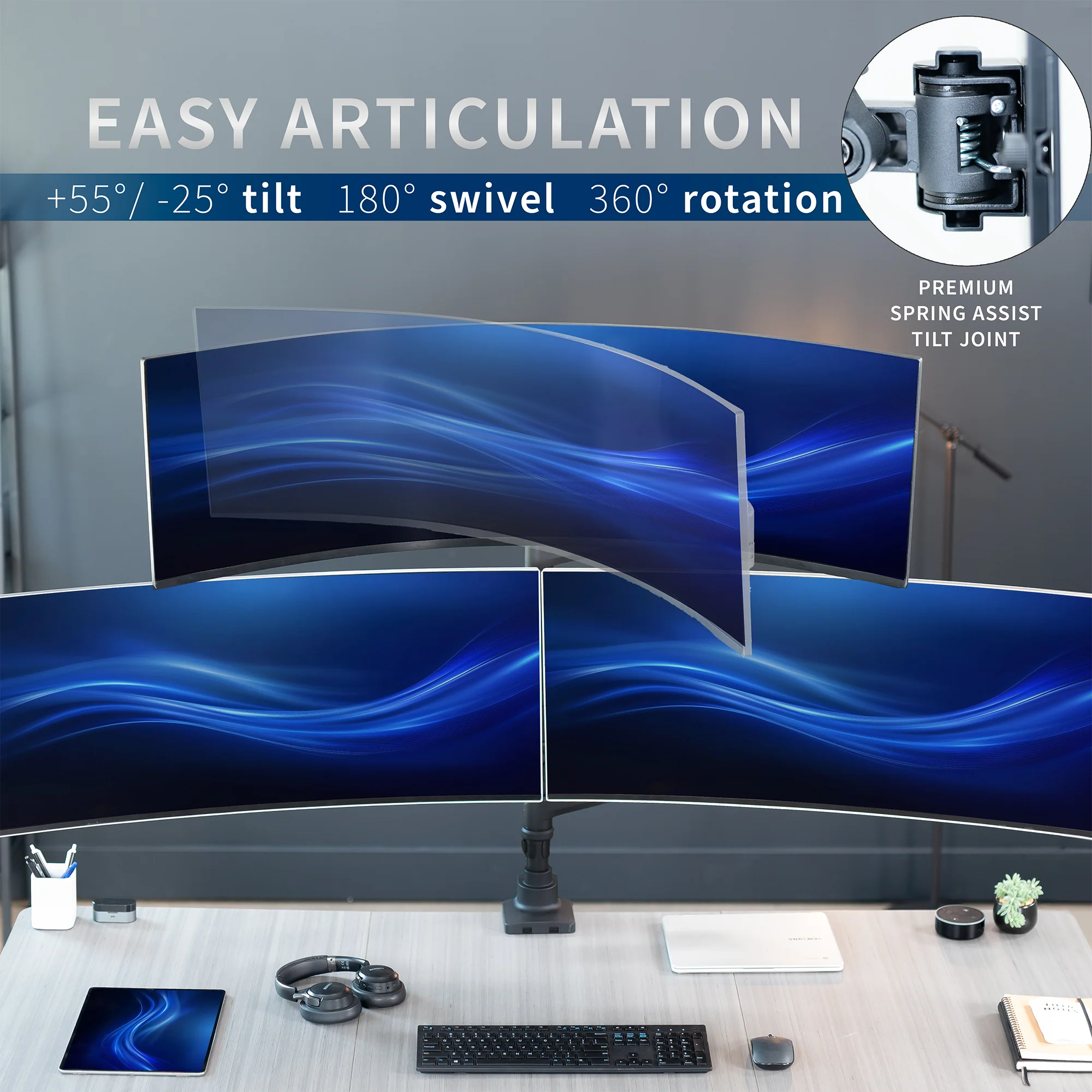 Pneumatic Arm Triple Ultrawide Monitor Extra Tall Desk Mount - Up to 49" Screens - Image 7