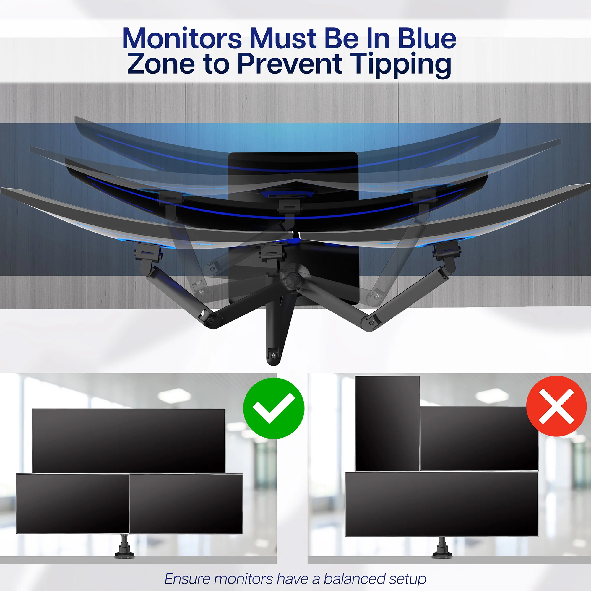 Pneumatic Arm Triple Ultrawide Monitor Extra Tall Desk Stand - Up to 49" Screens - Image 7