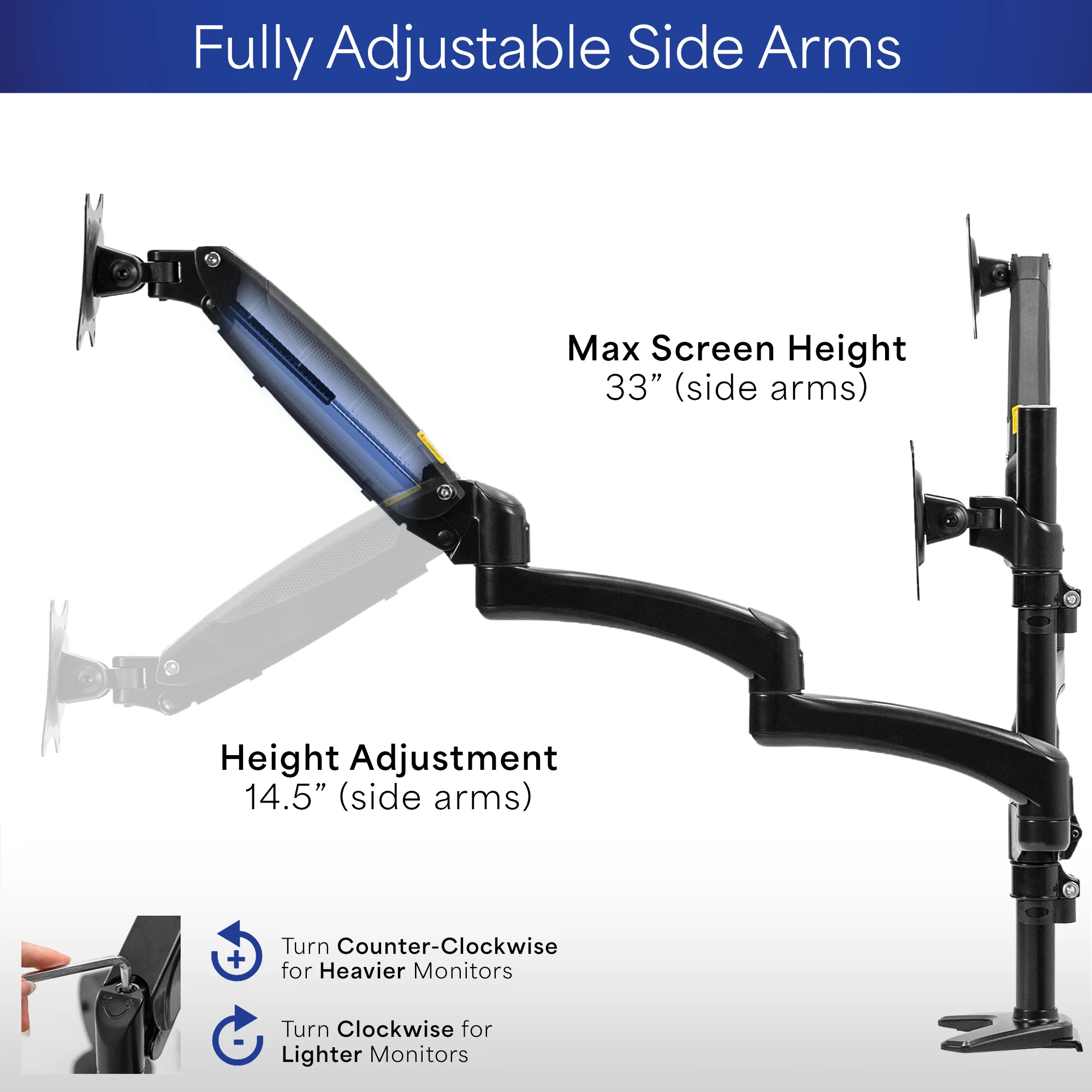 Triple Monitor Desk Mount (2 Pneumatic Arms + 1 Fixed) - Image 6